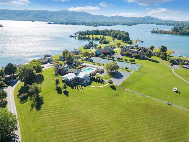 bird's eye view featuring a water and mountain view