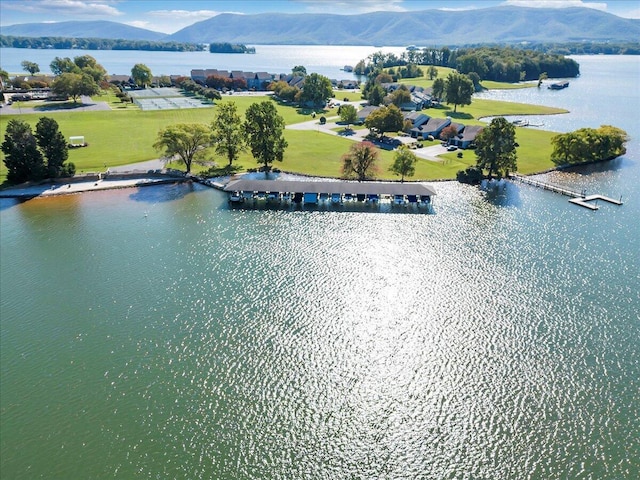 birds eye view of property with a water and mountain view