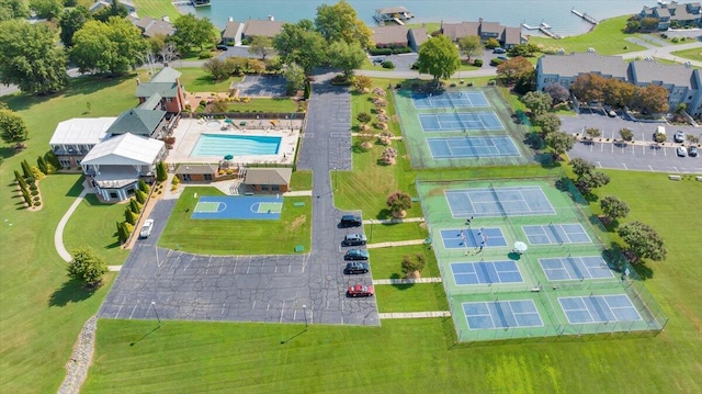 aerial view featuring a water view