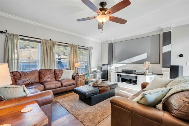 living room featuring hardwood / wood-style flooring, ceiling fan, and ornamental molding