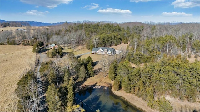 drone / aerial view featuring a water and mountain view