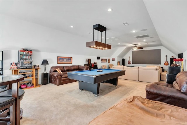 recreation room featuring light colored carpet, pool table, and vaulted ceiling