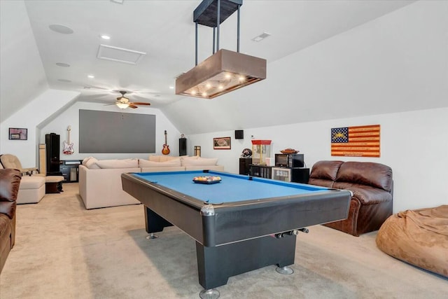 playroom featuring lofted ceiling, light colored carpet, and pool table