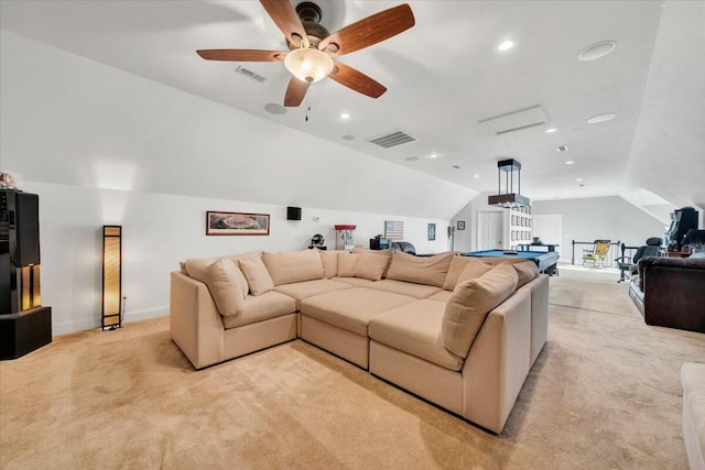 living room with light colored carpet, vaulted ceiling, and billiards