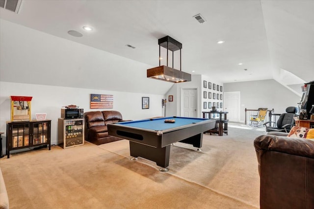 game room with light colored carpet, lofted ceiling, and pool table