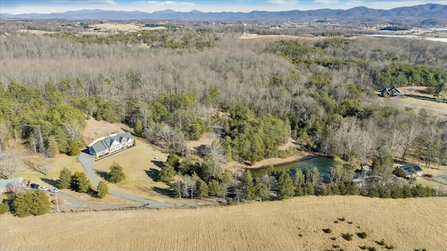 drone / aerial view featuring a water and mountain view