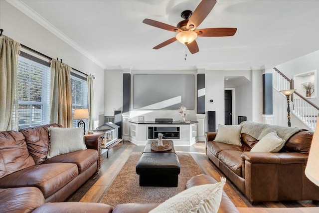 living room with ceiling fan, ornamental molding, and light hardwood / wood-style floors