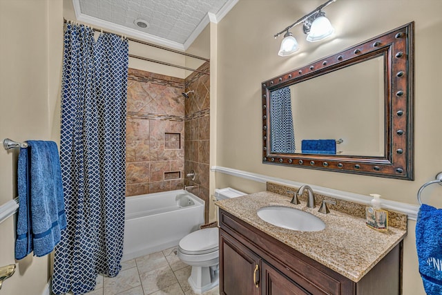 full bath featuring vanity, ornamental molding, shower / bath combo, and toilet