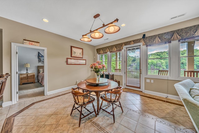 dining space featuring baseboards, recessed lighting, light tile patterned floors, and visible vents