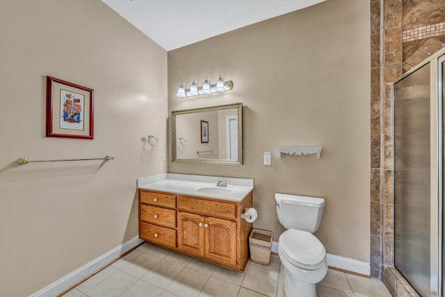 full bathroom with tile patterned flooring, baseboards, toilet, and a shower stall
