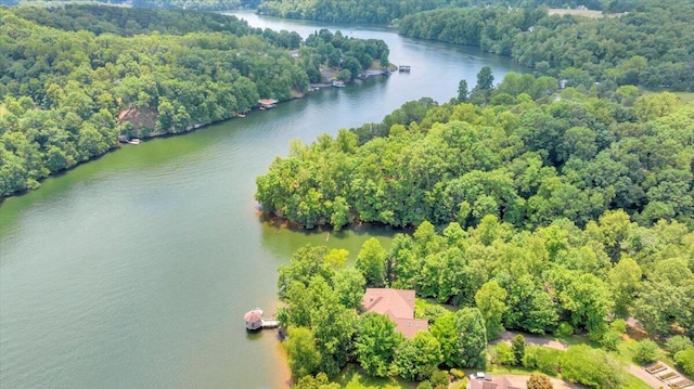 drone / aerial view featuring a water view and a forest view