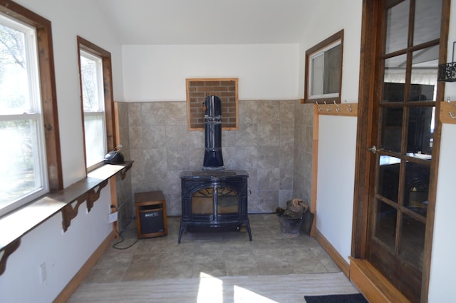 room details with a wood stove