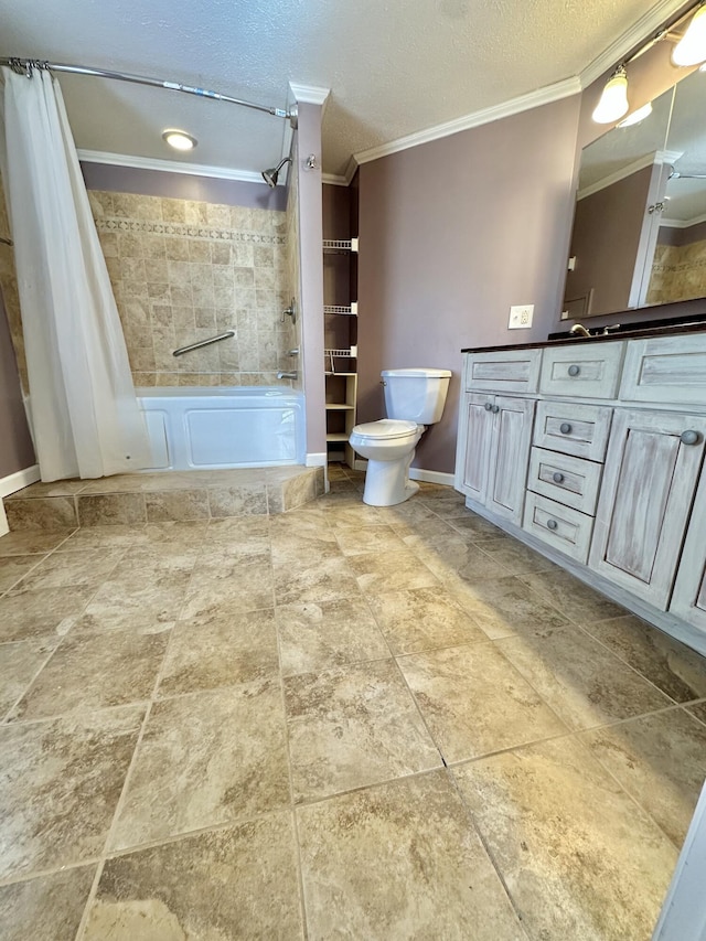 full bathroom featuring crown molding, vanity, shower / bathtub combination with curtain, and a textured ceiling