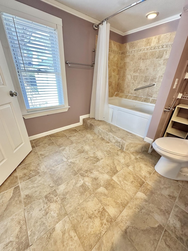 bathroom with shower / bath combo, crown molding, and toilet