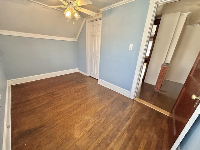 bonus room with ceiling fan, lofted ceiling, and dark hardwood / wood-style floors