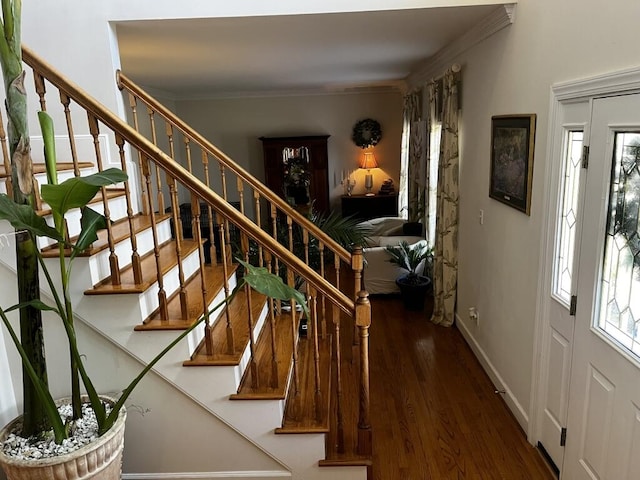 foyer entrance featuring dark wood-style floors, a wealth of natural light, ornamental molding, and baseboards