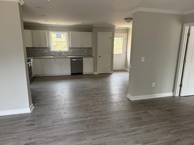 kitchen featuring baseboards, tasteful backsplash, stainless steel dishwasher, and dark wood-type flooring