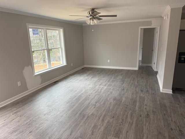 unfurnished room with baseboards, dark wood-type flooring, ceiling fan, and ornamental molding