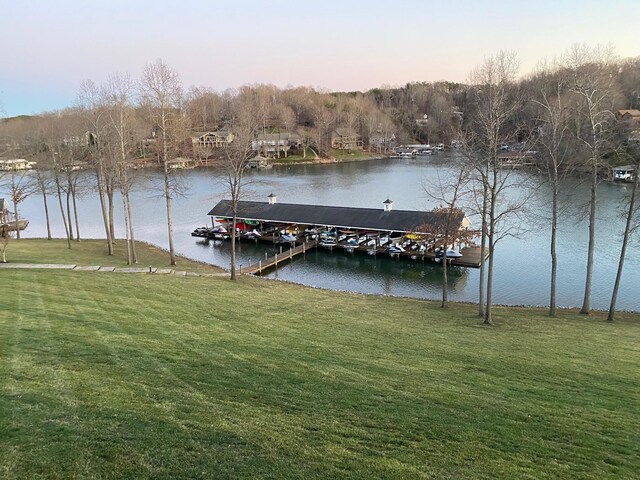 view of community with a water view and a lawn