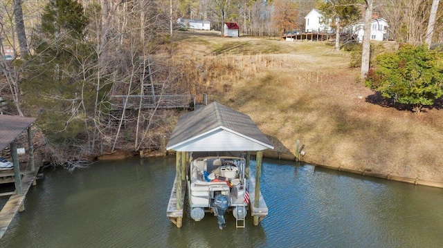 dock area featuring a water view and boat lift