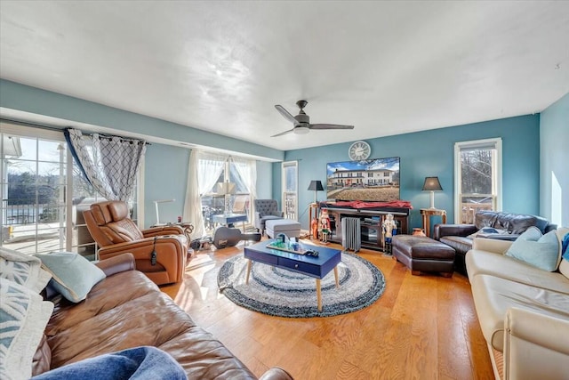 living room with ceiling fan and wood-type flooring