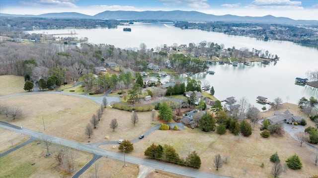 aerial view featuring a water and mountain view