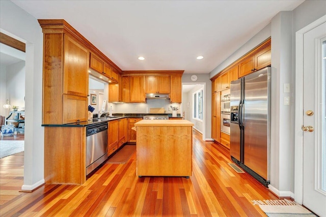 kitchen with light wood-style flooring, under cabinet range hood, a center island, appliances with stainless steel finishes, and baseboards