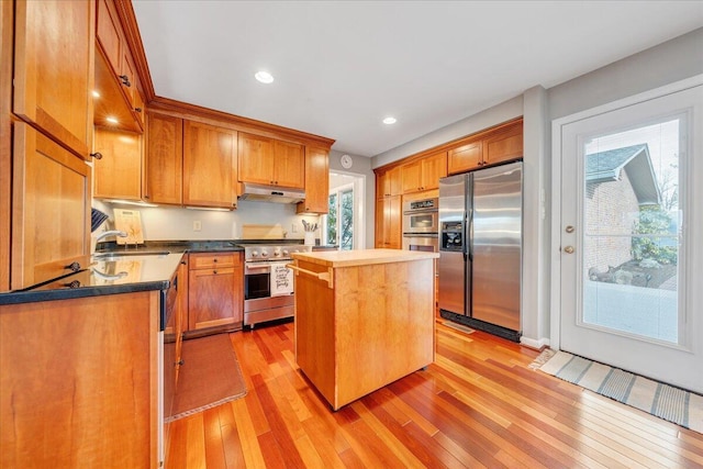 kitchen with light wood finished floors, a center island, under cabinet range hood, stainless steel appliances, and a sink