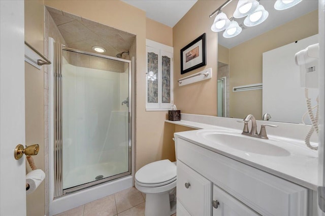 full bath featuring tile patterned floors, a shower stall, and toilet