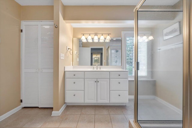 bathroom featuring vanity, a shower stall, a closet, and tile patterned floors