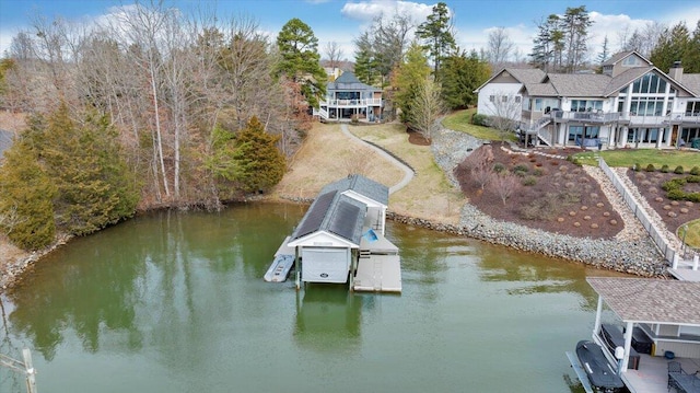 aerial view featuring a water view