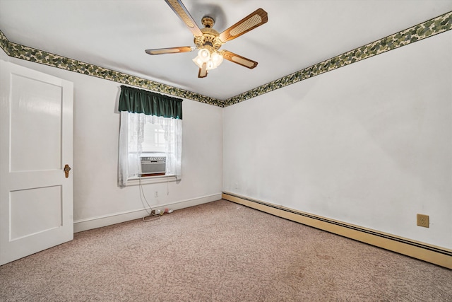 carpeted empty room featuring ceiling fan, cooling unit, and baseboard heating