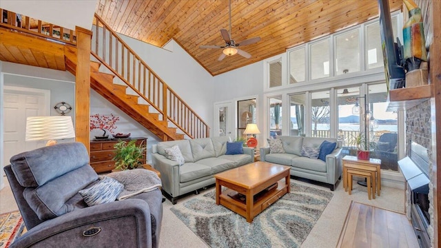 living room with light wood-type flooring, high vaulted ceiling, ceiling fan, and wood ceiling