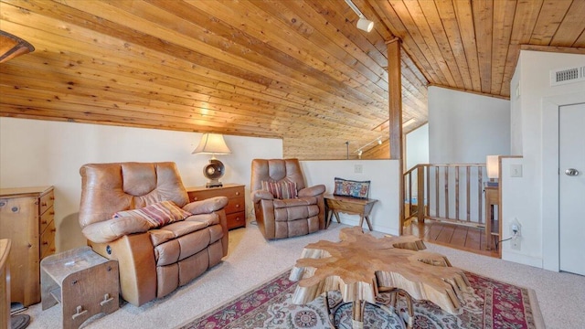 living area featuring light carpet, vaulted ceiling, and wooden ceiling