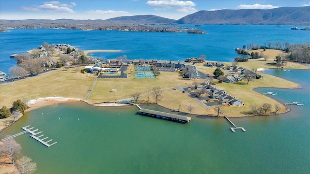 bird's eye view featuring a water and mountain view