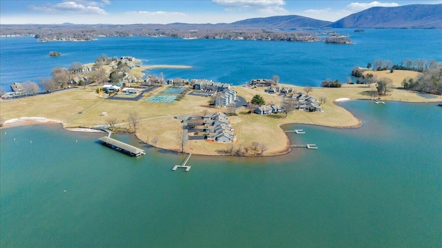 bird's eye view featuring a water and mountain view