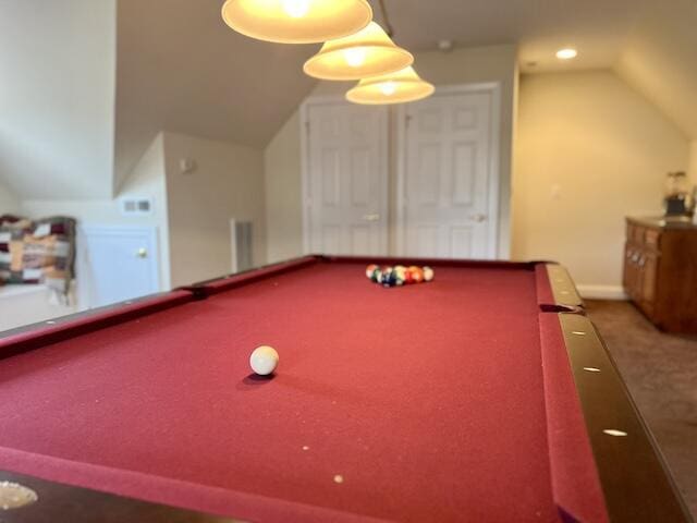 recreation room featuring billiards, lofted ceiling, and carpet flooring