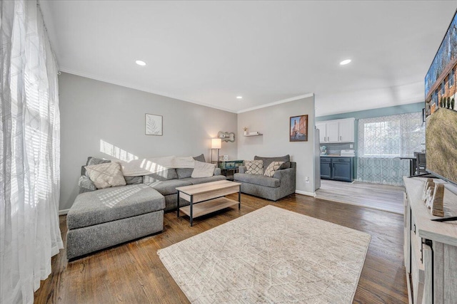 living room featuring ornamental molding and dark hardwood / wood-style floors