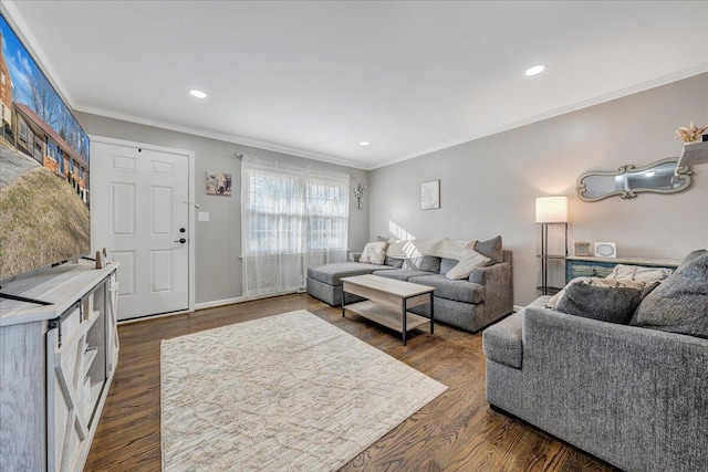 living room featuring dark hardwood / wood-style flooring and crown molding