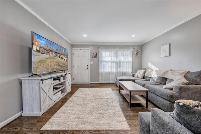 living room with dark hardwood / wood-style flooring and crown molding