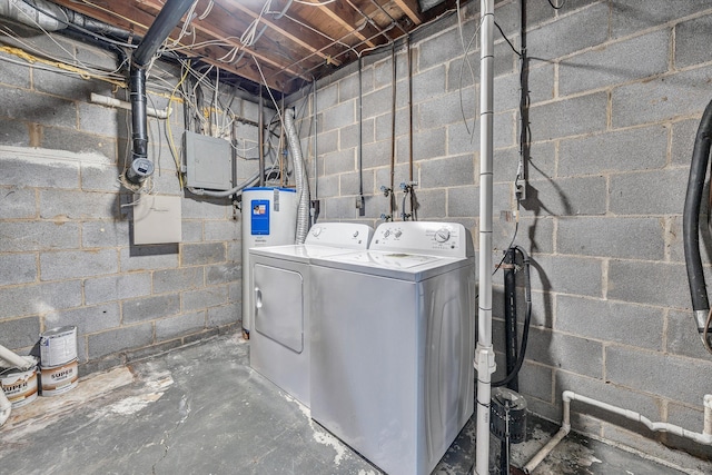 laundry area with electric panel, separate washer and dryer, and water heater