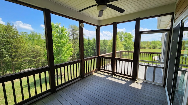 1057 Barrow Hills Dr, Huddleston, VA 24104 - unfurnished sunroom featuring ceiling fan and view of wooded area