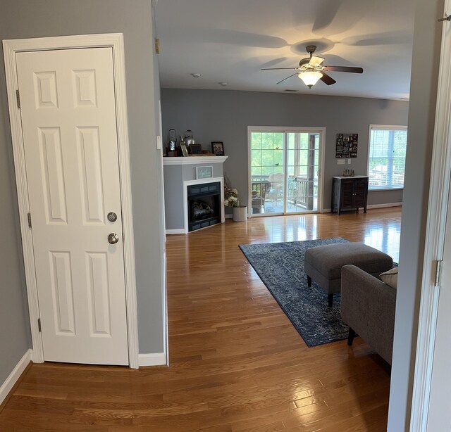 1057 Barrow Hills Dr, Huddleston, VA 24104 - living area featuring ceiling fan, wood finished floors, baseboards, and a fireplace