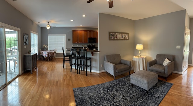 1057 Barrow Hills Dr, Huddleston, VA 24104 - living room featuring a ceiling fan, light wood-style floors, baseboards, and recessed lighting
