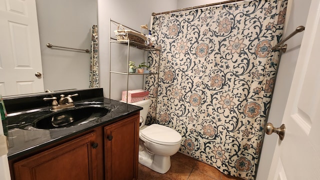 1057 Barrow Hills Dr, Huddleston, VA 24104 - bathroom featuring toilet, vanity, tile patterned floors, and a shower with shower curtain