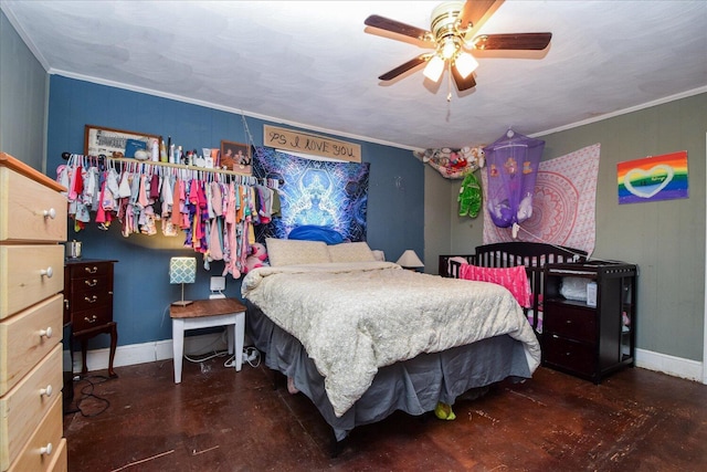 bedroom featuring ceiling fan, crown molding, and dark hardwood / wood-style floors