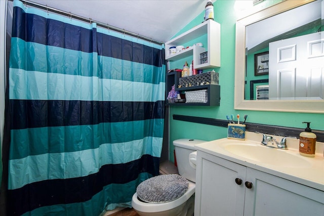 bathroom featuring vanity, toilet, and walk in shower