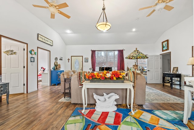 interior space with high vaulted ceiling, dark hardwood / wood-style floors, and ceiling fan