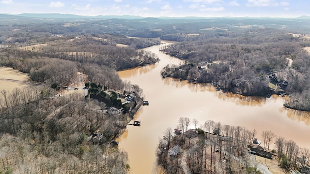 bird's eye view with a water and mountain view