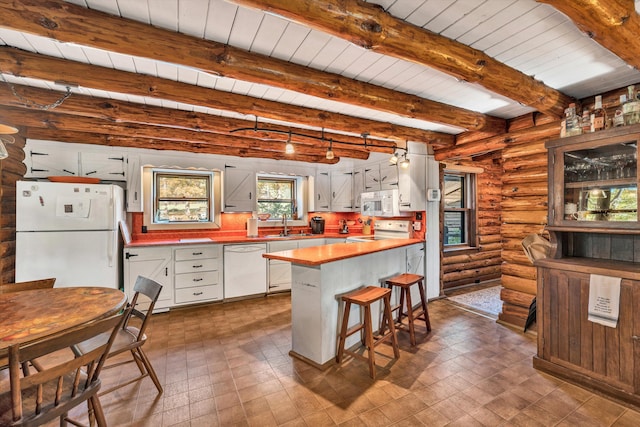 kitchen featuring white appliances, white cabinetry, a kitchen breakfast bar, wooden ceiling, and beamed ceiling
